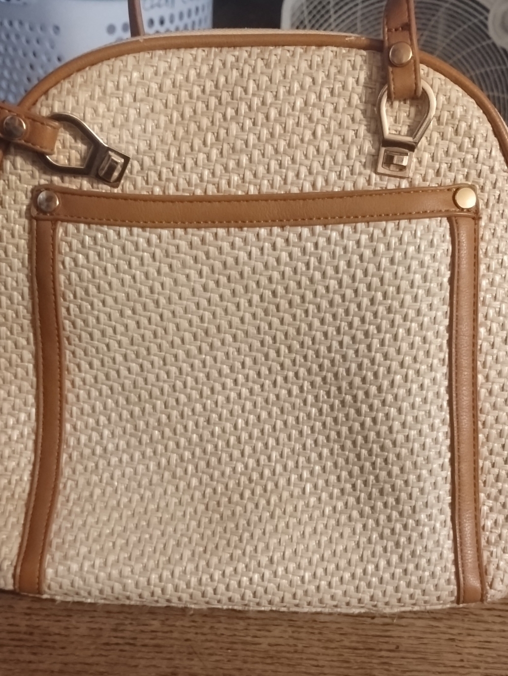 Miztique Cream Woven Tote with Tan Trim